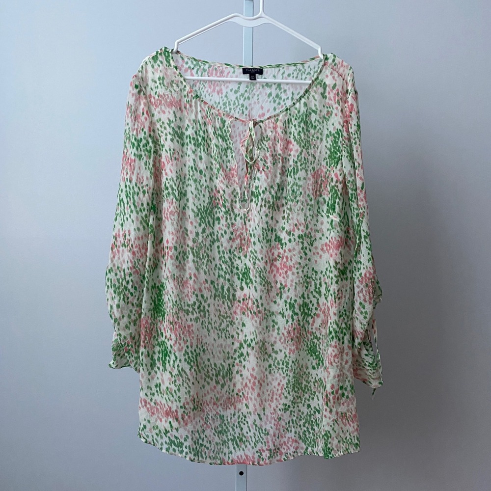 Talbots Silk Boho Flowy Beachy Relaxed Peasant Blouse 2X Green Pink